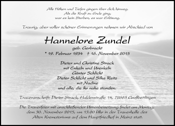 Traueranzeige von Hannelore Zundel von  Allgemeine Zeitung Mainz