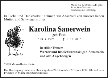 Traueranzeige von Karolina Sauerwein von  Allgemeine Zeitung Mainz