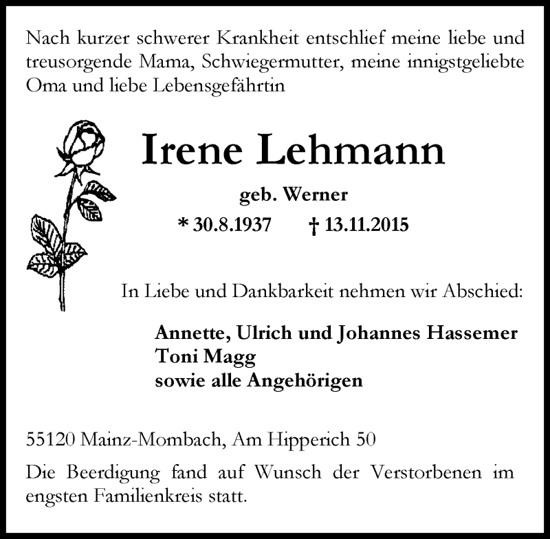  Traueranzeige für Irene Lehmann vom 21.11.2015 aus  Allgemeine Zeitung Mainz