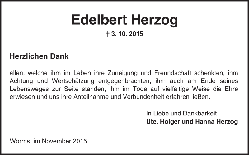  Traueranzeige für Edelbert Herzog vom 14.11.2015 aus  Wormser Zeitung