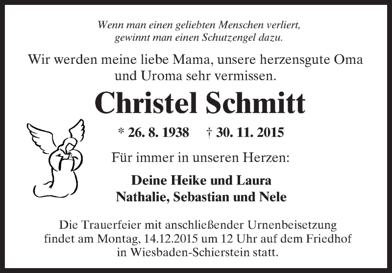  Traueranzeige für Christel Schmitt vom 05.12.2015 aus  Wiesbaden komplett