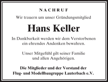 Traueranzeige von Hans Keller von VRM Trauer