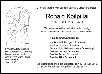 Traueranzeige von Monika Koilpillai von  Allgemeine Zeitung Mainz