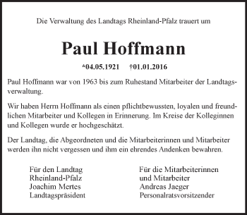 Traueranzeige von Paul Hoffmann von trauer.rmp.de