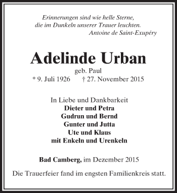 Traueranzeige von Adelinde Urban von  Camberger Anzeiger