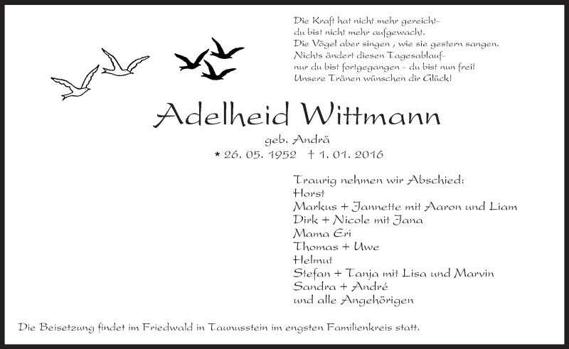  Traueranzeige für Adelheid Wittmann vom 06.01.2016 aus  WK-UTA/Aar-Bote