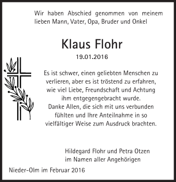 Traueranzeige von Klaus Flohr von  Allgemeine Zeitung Alzey