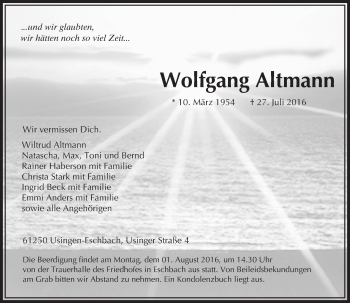 Traueranzeige von Wolfgang Altmann von  Usinger Anzeiger
