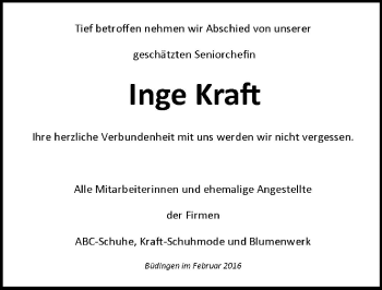 Traueranzeige von Inge Kraft von  Kreisanzeiger