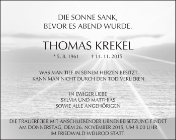 Traueranzeige von Thomas Krekel von  Camberger Anzeiger