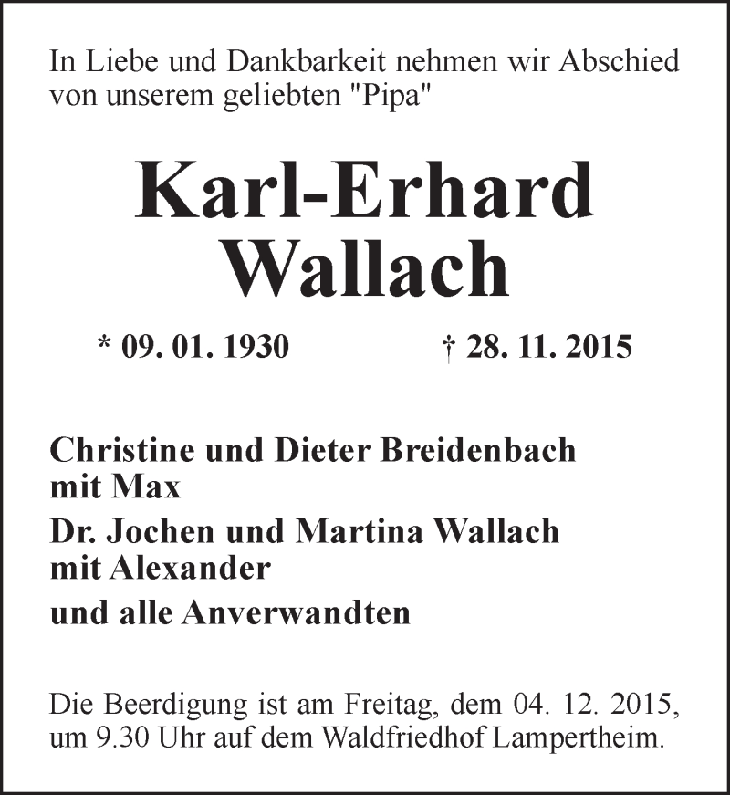  Traueranzeige für Karl-Erhard Wallach vom 02.12.2015 aus  Bürstädter Zeitung