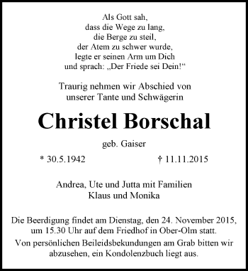 Traueranzeige von Christel Borschal von  Allgemeine Zeitung Mainz