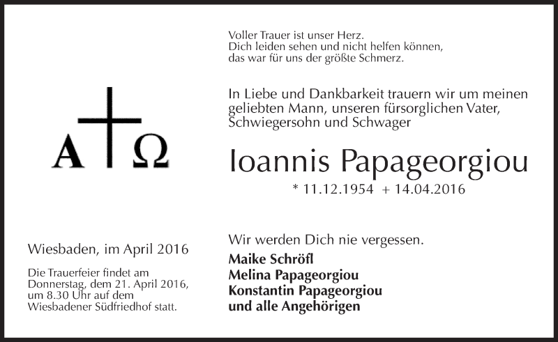  Traueranzeige für loannis Papageorgiou vom 20.04.2016 aus  Wiesbaden komplett