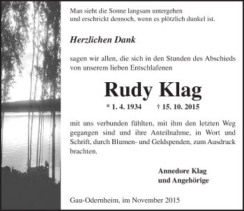 Traueranzeige von Rudy Klag von  Allgemeine Zeitung Alzey
