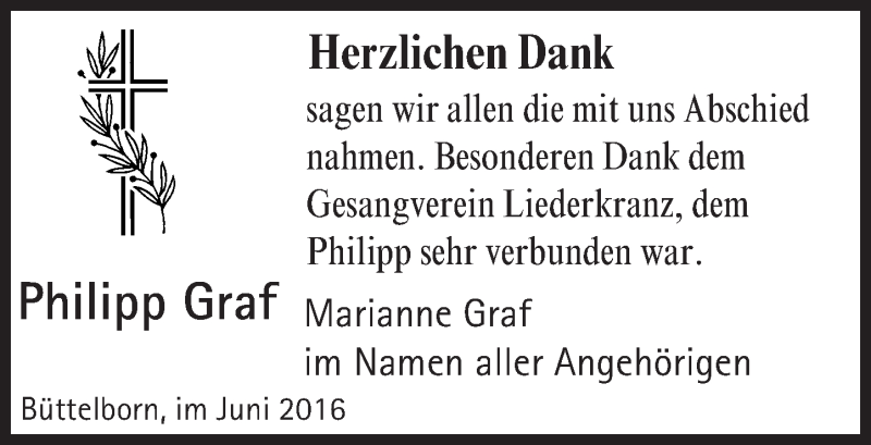  Traueranzeige für Philipp Graf vom 06.07.2016 aus Trauerportal Rhein Main Presse