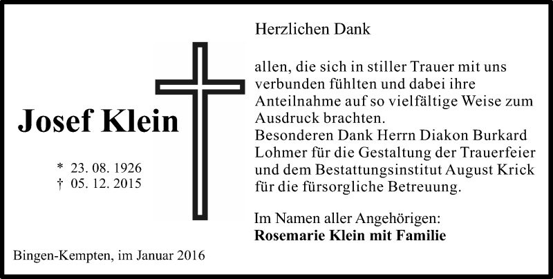 Traueranzeige für Josef Klein vom 16.01.2016 aus  Allgemeine  Zeitung Ingelheim-Bingen