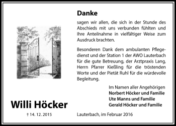 Traueranzeige von Willi Höcker von  OK Oberhessen Kurier