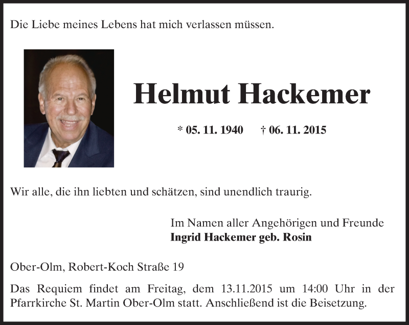  Traueranzeige für Helmut Hackemer vom 10.11.2015 aus  Allgemeine Zeitung Mainz