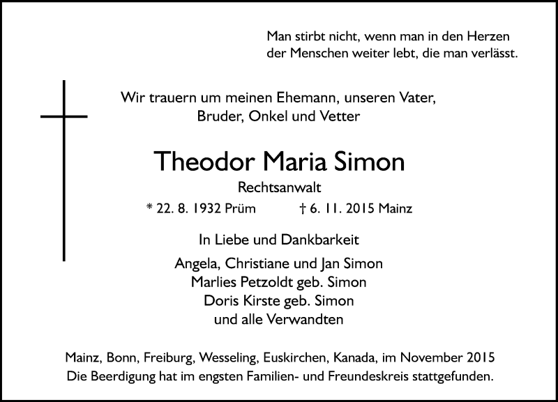  Traueranzeige für Theodor Maria Simon vom 14.11.2015 aus  Allgemeine Zeitung Mainz