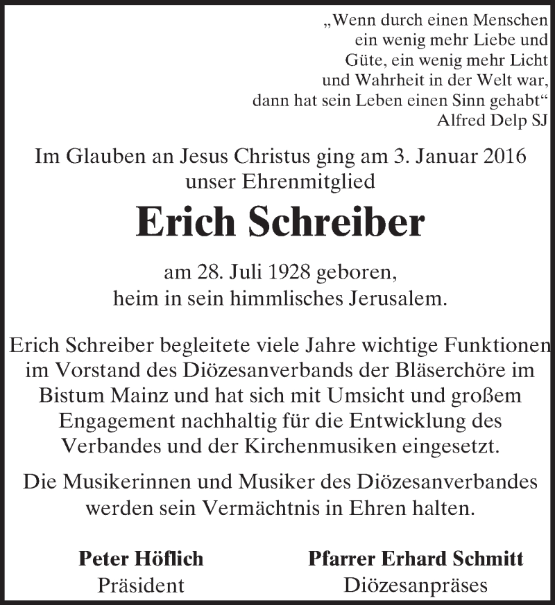  Traueranzeige für Erich Schreiber vom 15.01.2016 aus trauer.rmp.de
