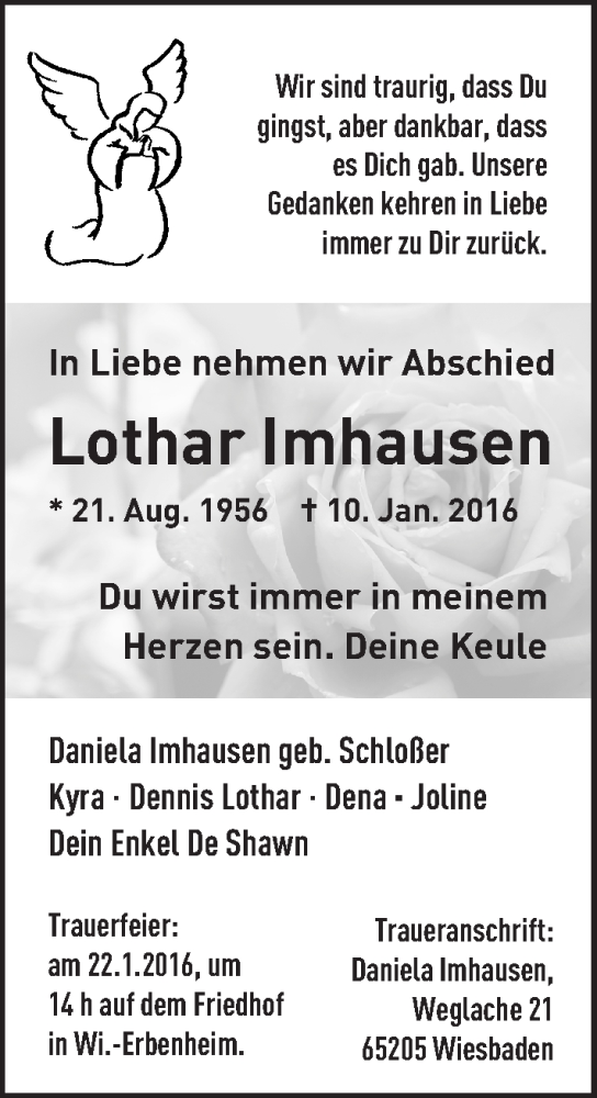  Traueranzeige für Lothar Imhausen vom 16.01.2016 aus  Wiesbaden komplett