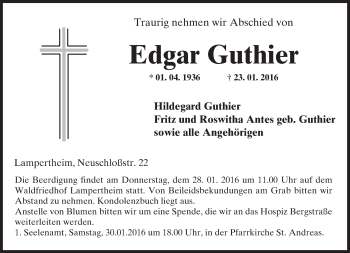 Traueranzeige von Edgar Guthier von  Bürstädter Zeitung