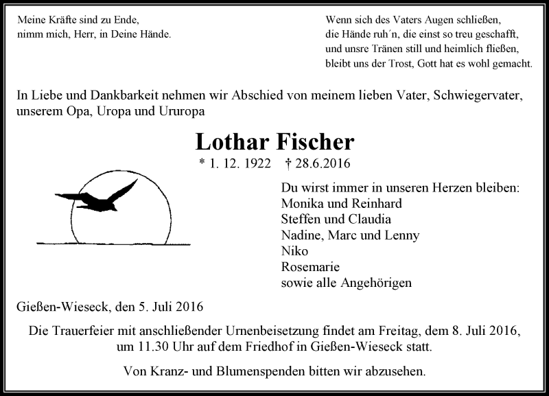  Traueranzeige für Lothar Fischer vom 05.07.2016 aus  Gießener Anzeiger