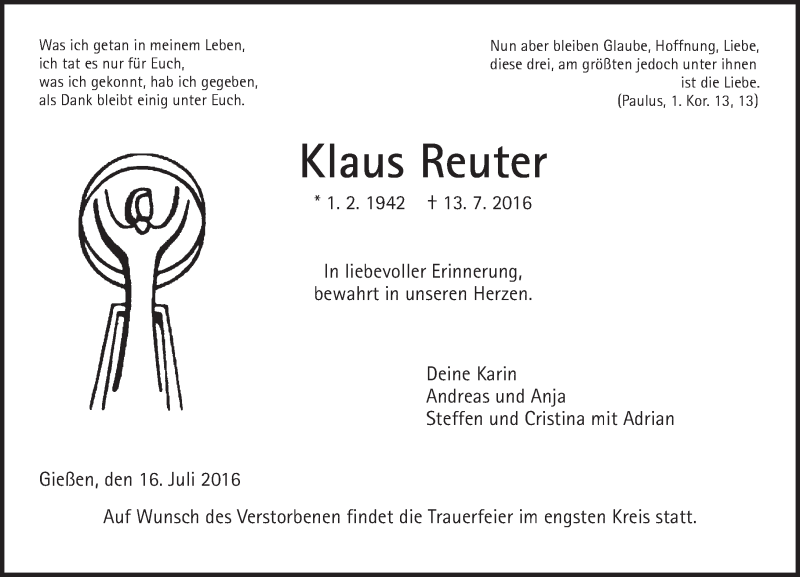  Traueranzeige für Klaus Reuter vom 16.07.2016 aus  Gießener Anzeiger