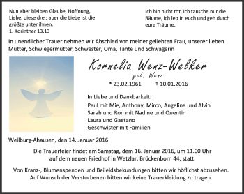 Traueranzeige von Kornelia Wenz-Welker von  Gießener Anzeiger