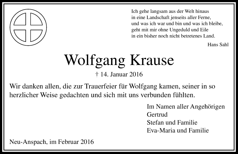  Traueranzeige für Wolfgang Krause vom 13.02.2016 aus  Usinger Anzeiger