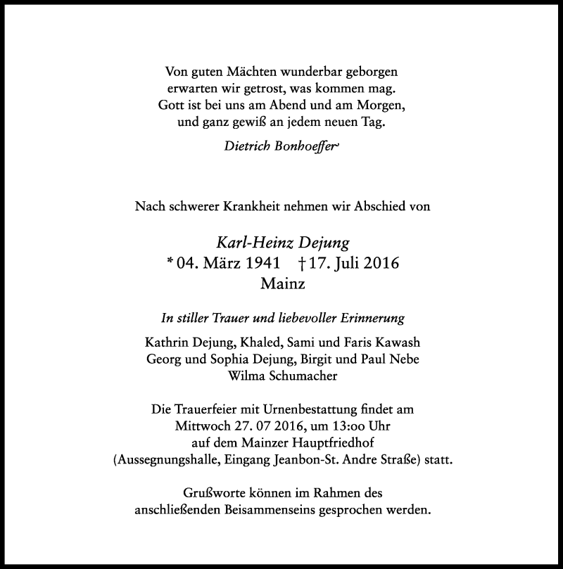  Traueranzeige für Karl-Heinz Dejung vom 23.07.2016 aus Trauerportal Rhein Main Presse