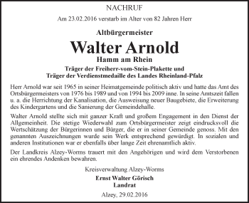 Traueranzeige von Walter Arnold von  Wormser Zeitung
