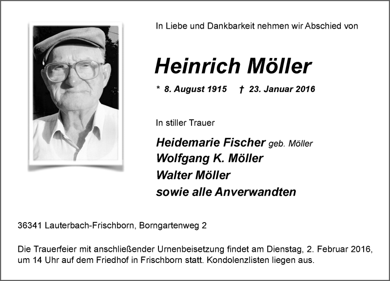  Traueranzeige für Heinrich Möller vom 29.01.2016 aus VRM Trauer