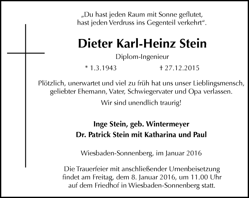  Traueranzeige für Dieter Karl-Heinz Stein vom 02.01.2016 aus  Wiesbaden komplett