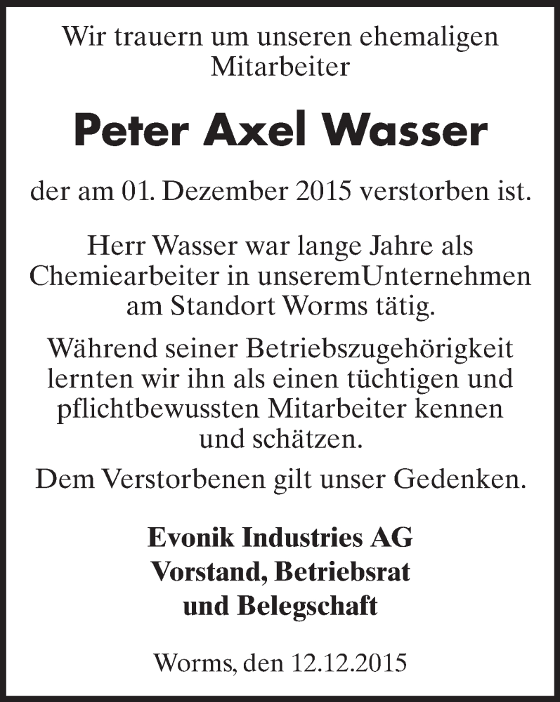  Traueranzeige für Peter Axel Wasser vom 12.12.2015 aus  Wormser Zeitung