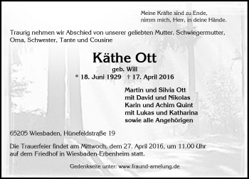 Traueranzeige von Käthe Ott von  Wiesbaden komplett