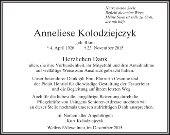 Traueranzeige von Anneliese Kolodziejczyk von  Usinger Anzeiger