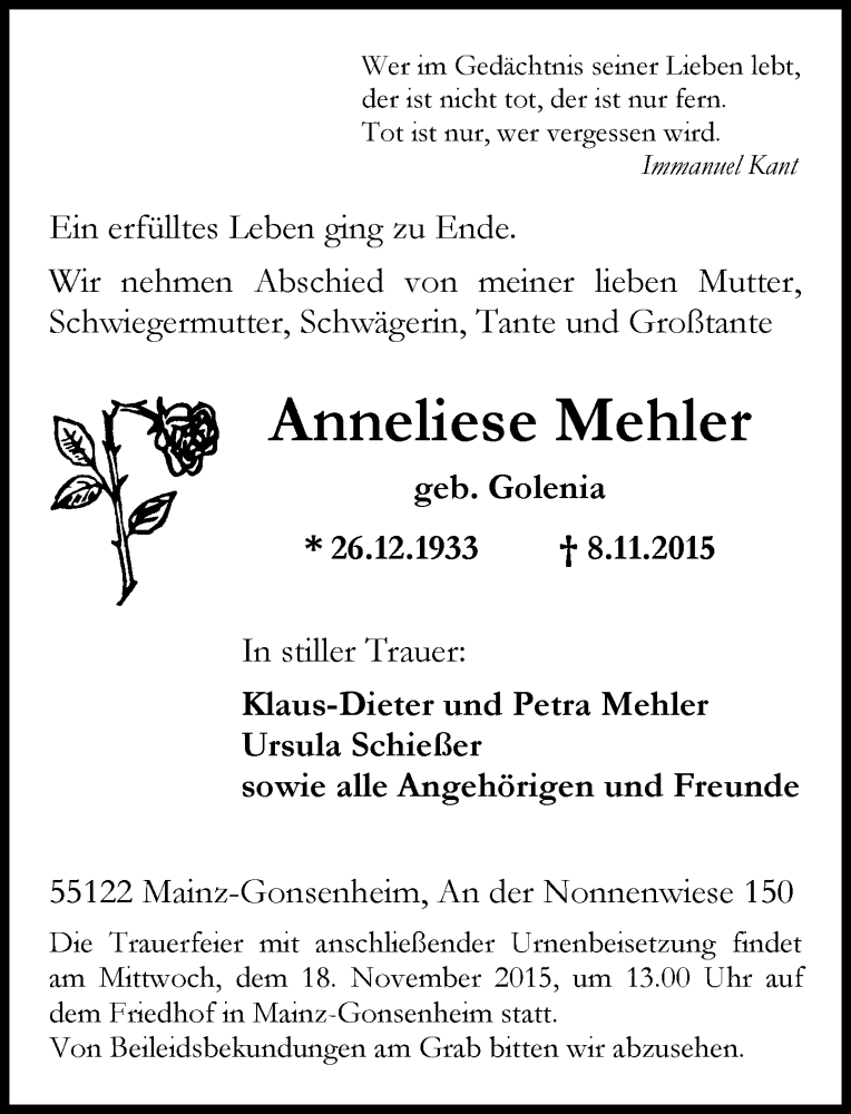  Traueranzeige für Anneliese Mehler vom 14.11.2015 aus  Allgemeine Zeitung Mainz
