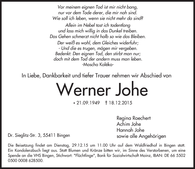  Traueranzeige für Werner Johe vom 23.12.2015 aus  Allgemeine  Zeitung Ingelheim-Bingen