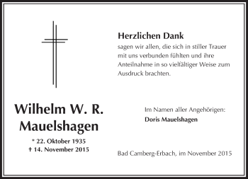 Traueranzeige von Wilhelm W. R. Mauelshagen von  Camberger Anzeiger