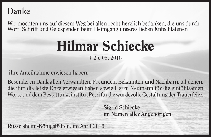  Traueranzeige für Hilmar Schiecke vom 09.04.2016 aus  Mainspitze