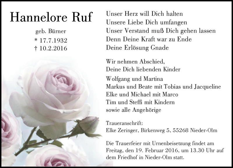  Traueranzeige für Hannelore Ruf vom 13.02.2016 aus  Allgemeine Zeitung Mainz