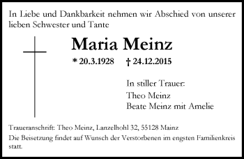 Traueranzeige von Maria Meinz von  Allgemeine Zeitung Mainz