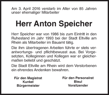 Traueranzeige von Anton Speicher von  Rheingau