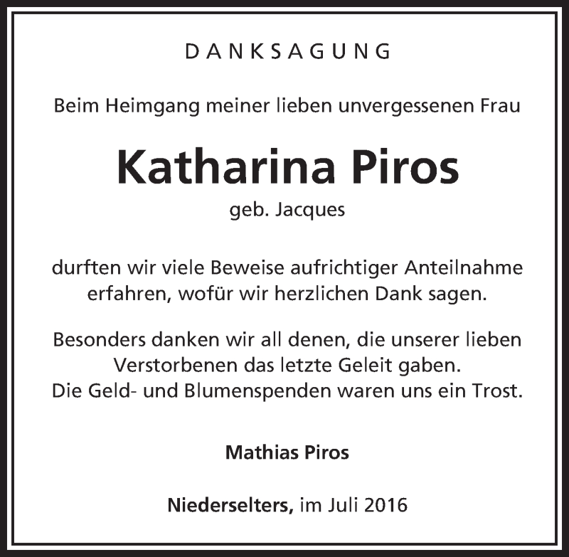  Traueranzeige für Katharina Piros vom 21.07.2016 aus  Camberger Anzeiger