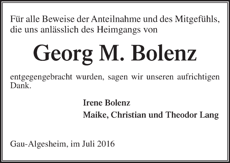  Traueranzeige für Georg M. Bolenz vom 23.07.2016 aus Trauerportal Rhein Main Presse