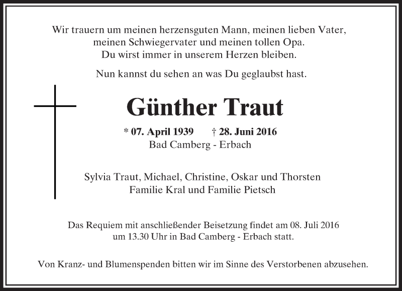  Traueranzeige für Günther Traut vom 07.07.2016 aus  Camberger Anzeiger