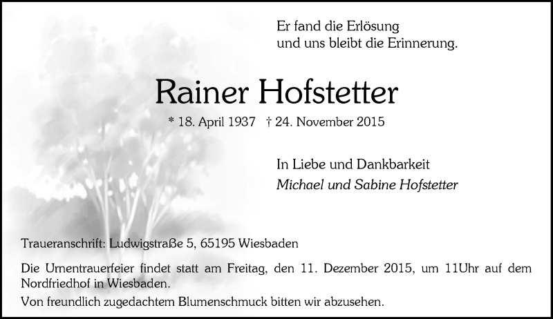 Traueranzeige für Rainer Hofstetter vom 28.11.2015 aus  Wiesbaden komplett
