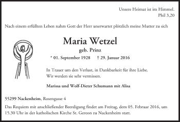 Traueranzeige von Maria Wetzel von  Landskrone
