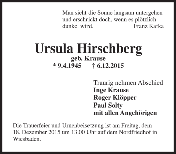 Traueranzeige von Ursula Hirschberg von  Wiesbaden komplett